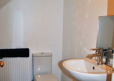 Toilet and hand sink beneath a sloping ceiling