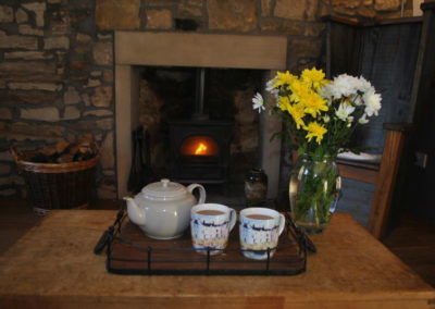 Tray of tea beside a vase of flowers, in front of a stove