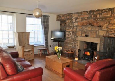 Stone wall with fireplace, leather sofas and TV