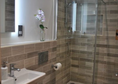 The contemporary shower room features a walk in shower
