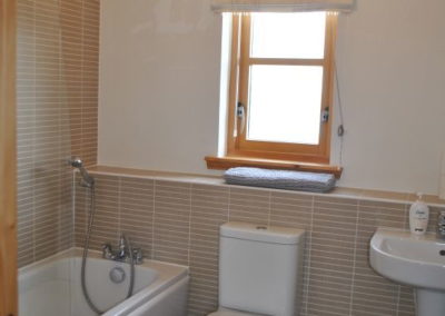 The modern family bathroom has a full size bath with shower overhead