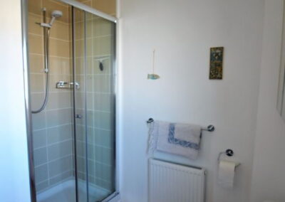 Walk-in shower unit with sliding door opposite toilet