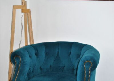 Lush, velvet armchair before a standard lamp and painting