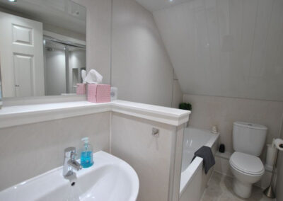 Bath beneath sloped ceiling, next to toilet. Reflection in mirror shows a walk-in-shower.