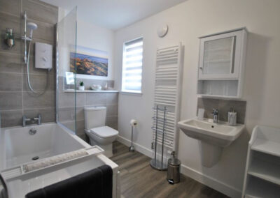 Shower over bath. Wall-mounted radiator and towel rail.