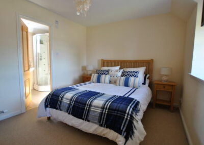 Large bed with blue and white linen, en suite shower room on left and window on right