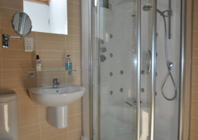 Curved, walk-in shower unit with jets