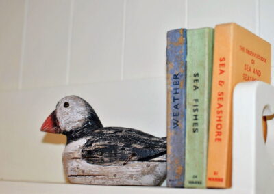 The Observers books of Weather, Sea Fishes and Sea & Seashore next to wooden puffin