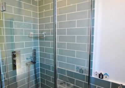 Walk-in shower with glass sides and green tiled wall
