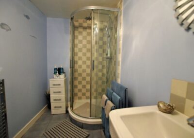 Long, narrow room with curved walk-in shower unit