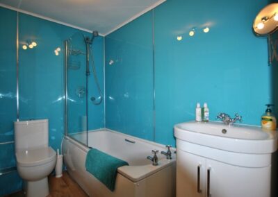 The bathroom offers a bath with shower over