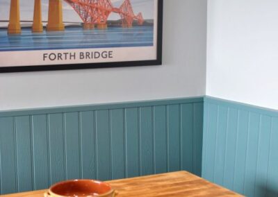 Deep turquoise panelling in the kitchen