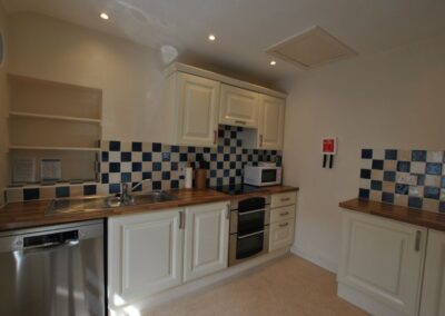 Fitted kitchen with fire blanket on wall