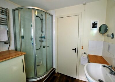 Walk-in shower with curved door