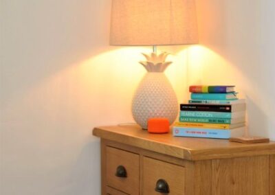 Pile of books on a small cupboard unit beside a large table lamp