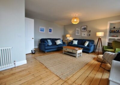 Wooden floor with large rug, coffee table and two blue sofas