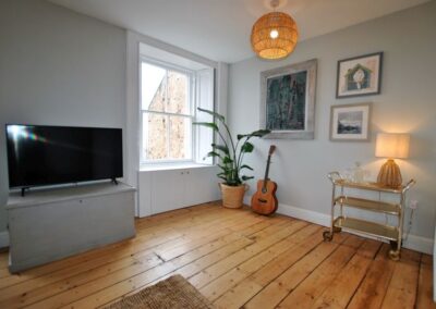 Large plant pot and acoustic guitar on floor next to window