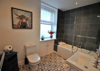 Bath with shower over. Painting of a highland cow above the toilet.