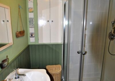 Curved, walk-in shower against white tiles and green walls