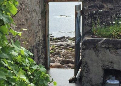 Leaves run up a wall. To the right an open wooden door leads out to a pebble beach and the sea beyond.