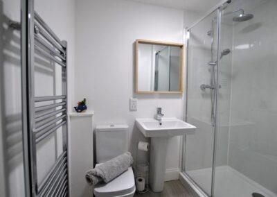 Walk in shower with rain shower head. White suite. Heated towel rail on wall opposite shower.