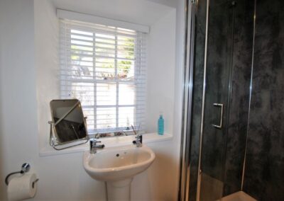 Square, walk-in shower to the right of the sink and window.