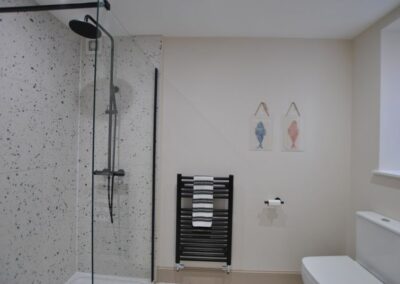 Shower, lavatory and heated towel rail.