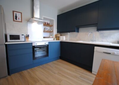 White kitchen with dark blue units. Stainless steel extractor hood over hob and oven.