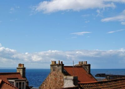 View across rooftops towards Anstruther harbour.