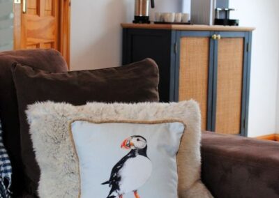 Cushion with puffin design.