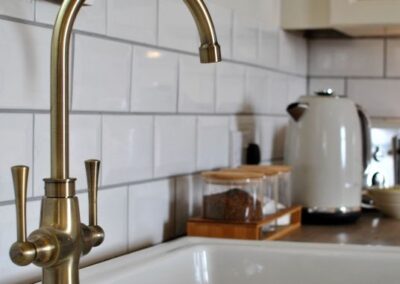 Close-up of sink with brass fittings.