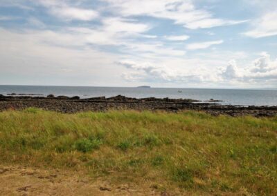View across grass, rocks and sea to the Isle of May on the horizon.