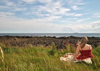 A woman in a red dress is seated on a picnic rug on the right of the image. She is looking out to rocks and sea and the Isle of May on the horizon.