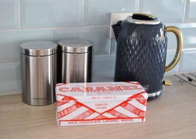 Metal biscuit tin in the design of a Tunnock's water biscuit, next to a kettle.