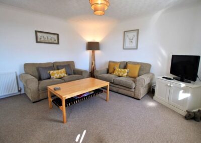 Carpeted lounge with one three-seat sofa and one two-seat sofa. Standard lamp in corner on left; TV in corner on right. Long coffee table before sofas.