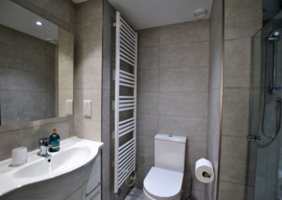 Tiled en-suite with white bathroom set, shower and white heated towel rail next to the toilet.