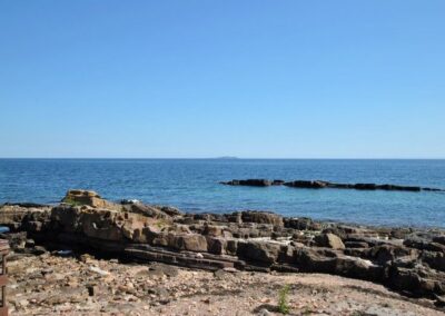 View across rocks and the sea towards the Isle of May (a long, low island) on the horizon.