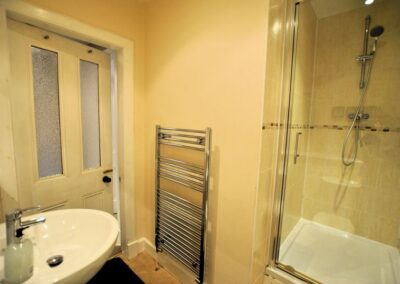 Walk-in shower with glass door. To the left is a tall heated towel rail opposite a white sink.