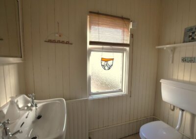 Wooden panelled WC with white suite. There is a stained glass pair of Y-fronts hanging on the window.