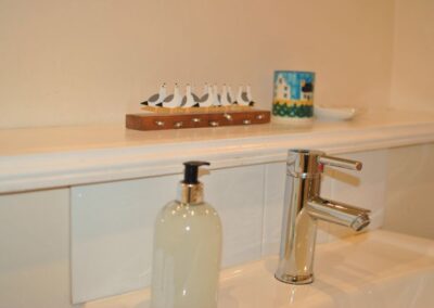 Close-up of chrome mixer tap on the sink, with liquid soap dispenser and seagull-design ornament.