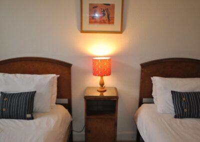 Table lamp between single beds is orange with a seabirds design.