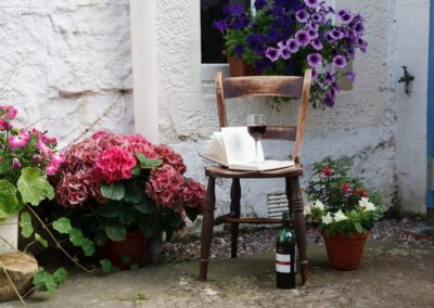 Wooden chair in courtyard with book and glass of red wine.