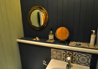 White bathroom suite in WC with green and dark blue walls.
