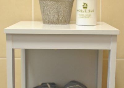 Close-up of shelves with towels, plant and lotion.