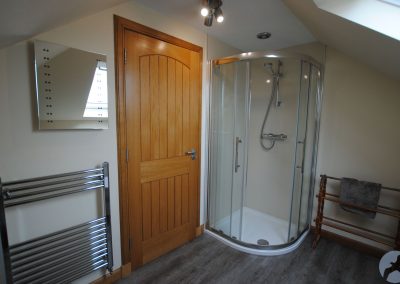 Corner walk-in shower unit next to door.