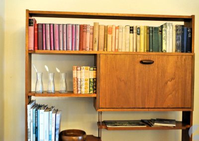 Bookcase with row of books arranged in colour spectrum order from red on the left to blue on the right.
