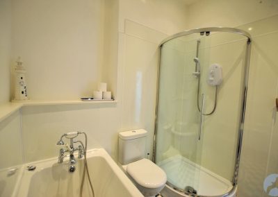 White bathroom with walk-in shower and a bath with a hand-held shower over the taps.