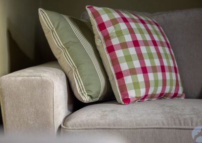 Close-up of sofa and two pillows.