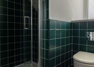 Glass door opens to a walk-in shower. To the right of it, a window is above a toilet.