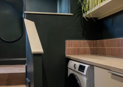 Washing machine beneath a counter. There is a shelf above with a plant and bottles. And three steps to the left of it.